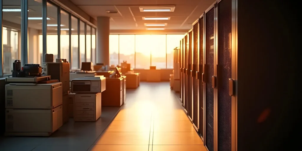 An office with waste electrical and electronic equipment (WEEE) ready to be cleared with our office clearance service.