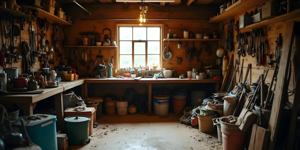 A garage full of tools and garden materials. If you need to free up space in your garage, we can clear your garage.