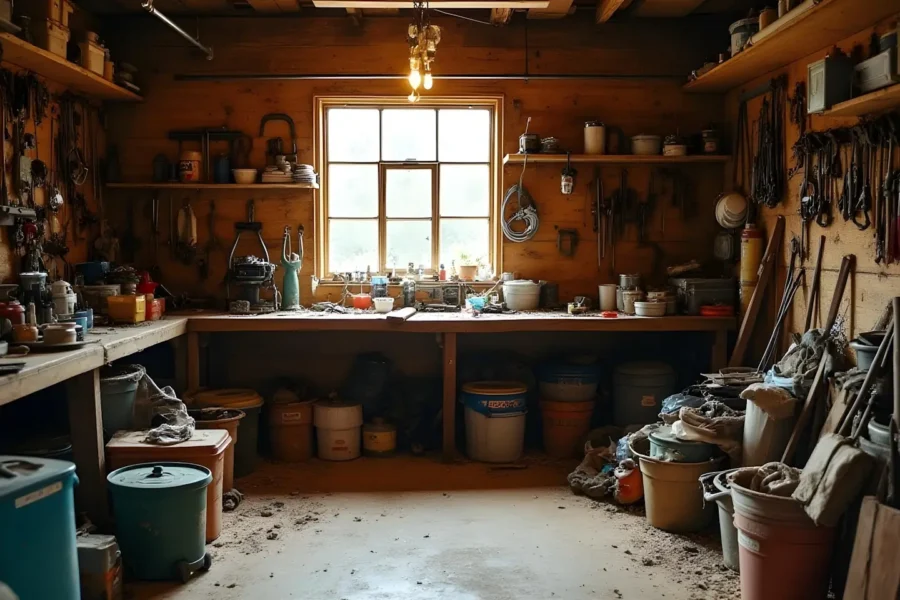 A garage full of tools and garden materials. If you need to free up space in your garage, we can clear your garage.