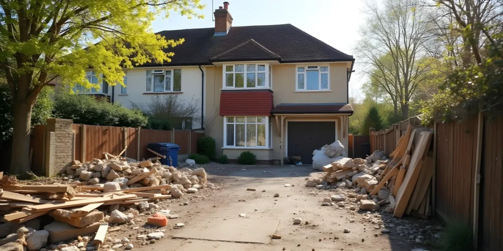 Clearing trade waste outside a house with our waste clearance service.